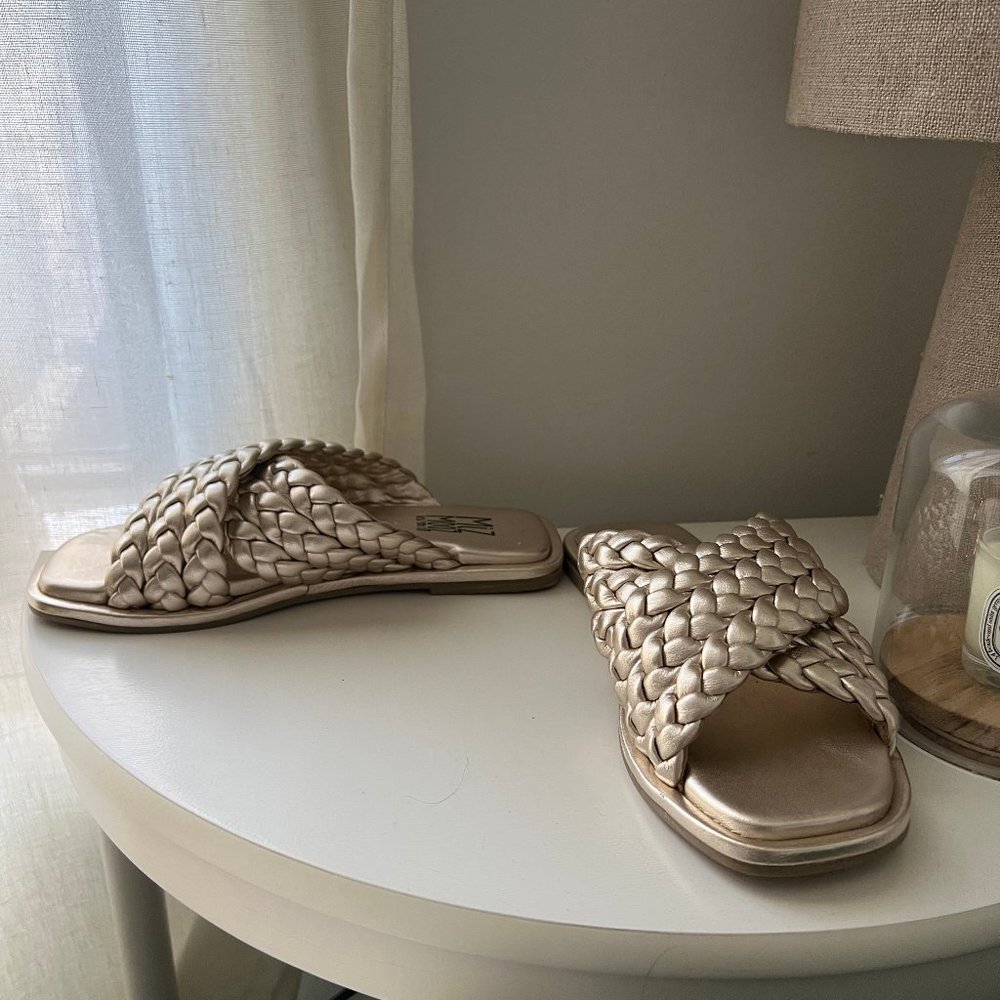 Miz Mooz Gold Slide Braided Sandals